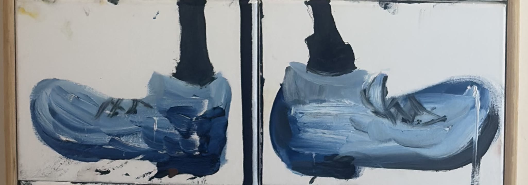 Detail of the painting: two blue sneakers painted loosely across two adjoining canvas panels.