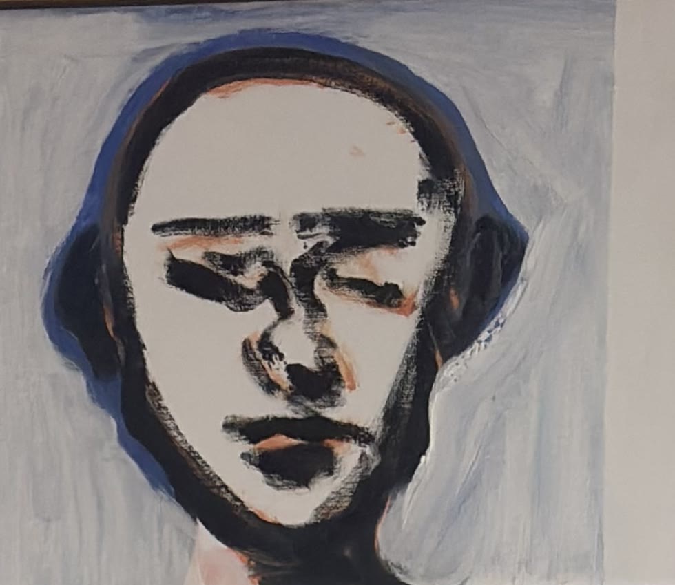 Detail of the painting: a pale, bald head with heavy dark brows and closed-looking eyes against a blue-grey ground.