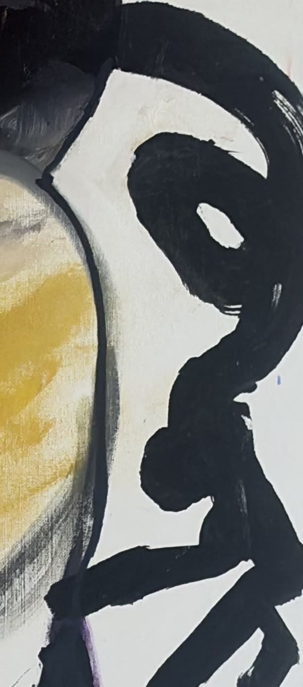 Detail of the painting: a small black brushed figure curled beside a large yellow rounded form.