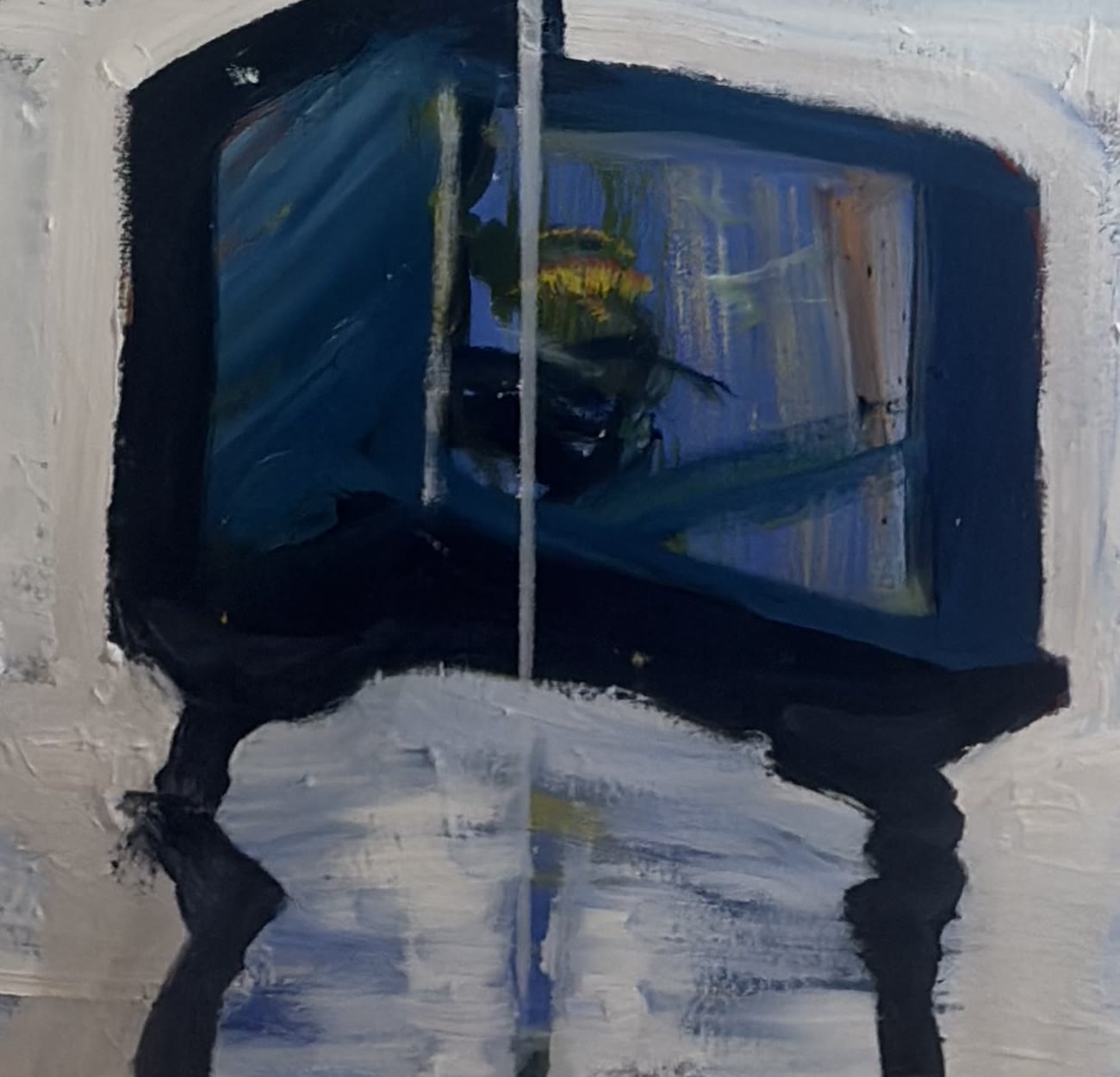 Detail of the painting: a dark boxed form standing on two splayed legs, its blue interior opening onto loose yellow and green strokes.